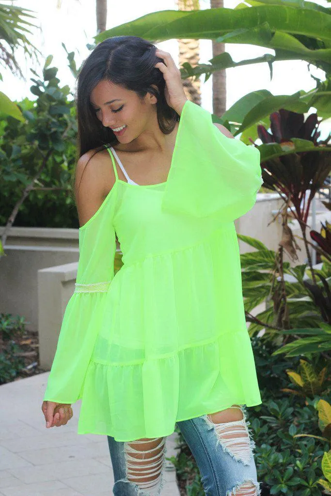 Neon Yellow Sheer Bell Sleeve Top