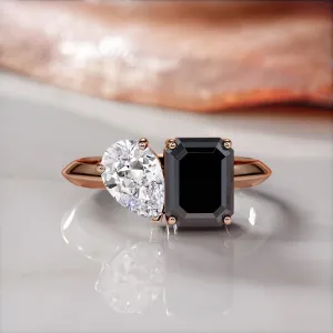 Neptune'S Moons -   Two Stone  Natural Black Diamond Emerald Cut Engagement Ring  in Rose Gold