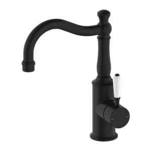 Nero York Basin Mixer Hook Spout With White Porcelain Lever Matte Black