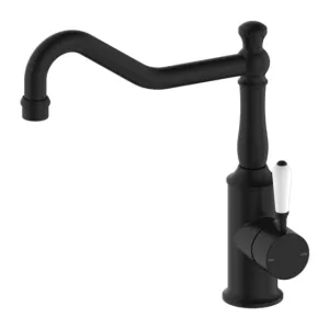 Nero York Kitchen Mixer Hook Spout With White Porcelain Lever Matte Black