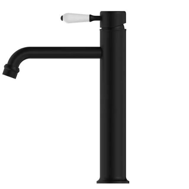 Nero York Straight Tall Basin Mixer With White Porcelain Lever Matte Black