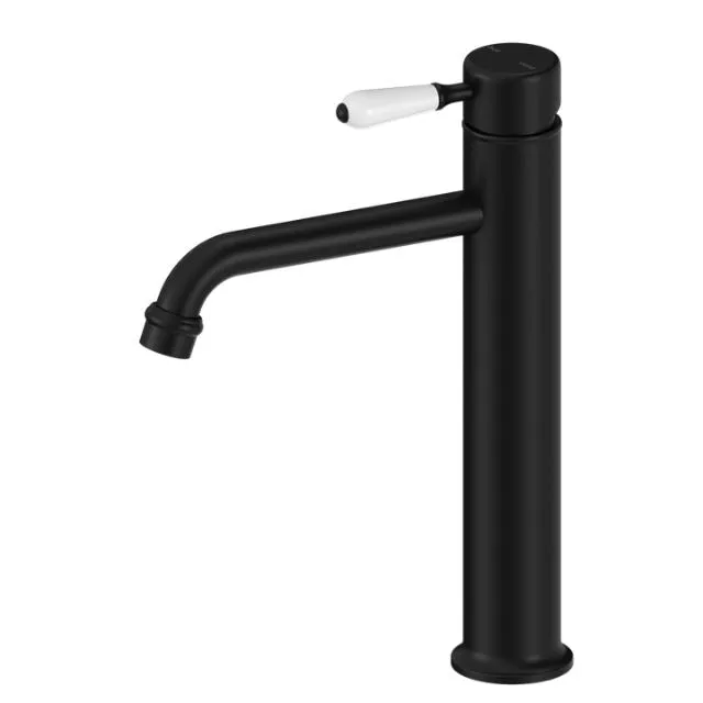 Nero York Straight Tall Basin Mixer With White Porcelain Lever Matte Black