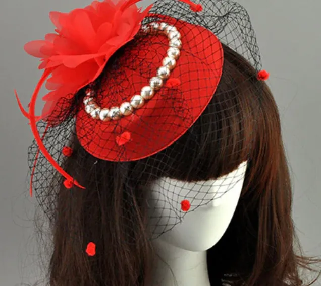 Net Feather Hats White Red Black Birdcage Wedding Bridal Pearl Fascinator