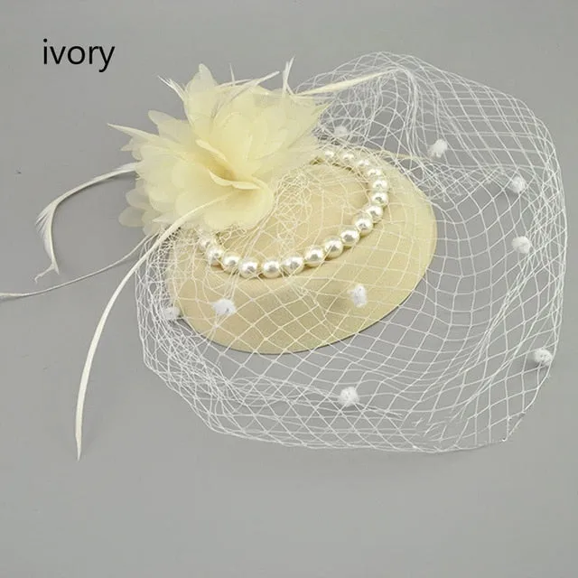 Net Feather Hats White Red Black Birdcage Wedding Bridal Pearl Fascinator