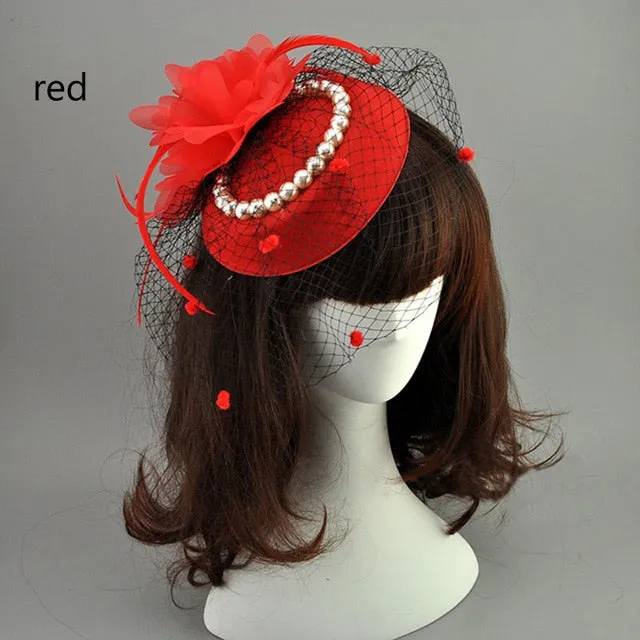 Net Feather Hats White Red Black Birdcage Wedding Bridal Pearl Fascinator