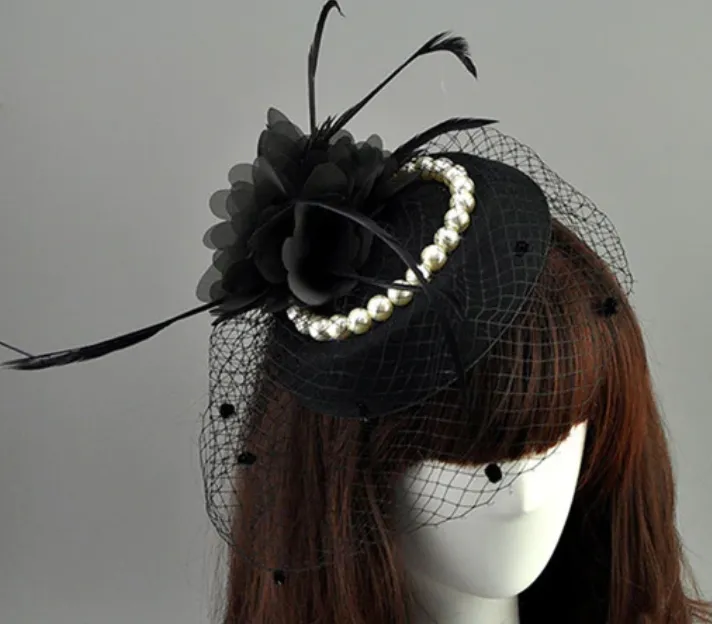 Net Feather Hats White Red Black Birdcage Wedding Bridal Pearl Fascinator