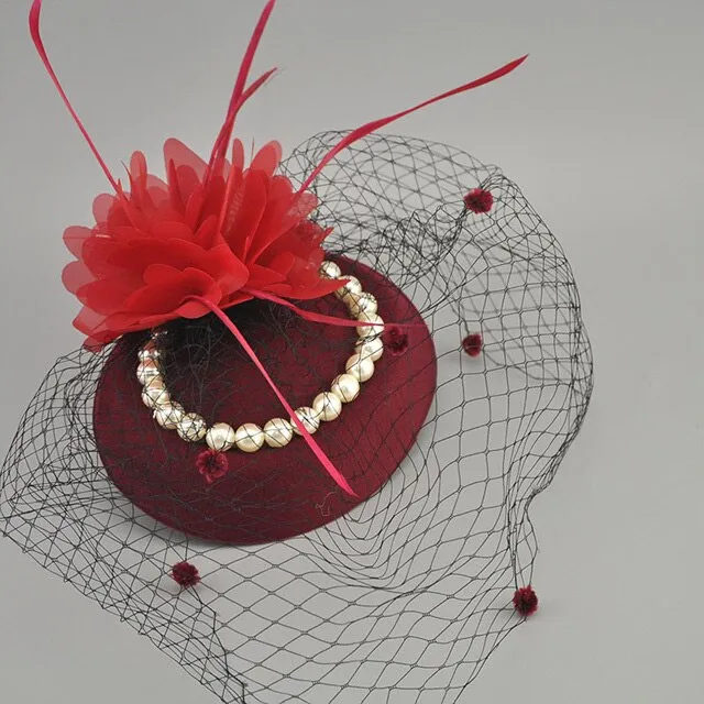 Net Feather Hats White Red Black Birdcage Wedding Bridal Pearl Fascinator