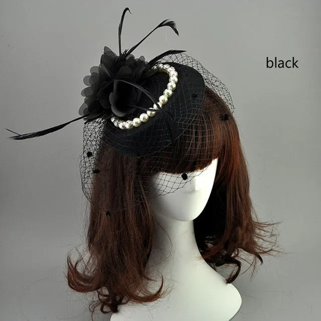 Net Feather Hats White Red Black Birdcage Wedding Bridal Pearl Fascinator