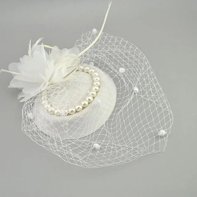 Net Feather Hats White Red Black Birdcage Wedding Bridal Pearl Fascinator