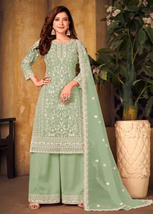 Net Mint Green Ceremonial Embroidered Palazzo Suit