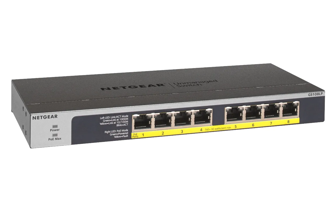 Netgear Gs108lp - Switch - 8 X 10/100/1000 (Poe ) - Desktop, Rack-Mountable, Wall-Mountable - Poe  (60 W) - Dc Power