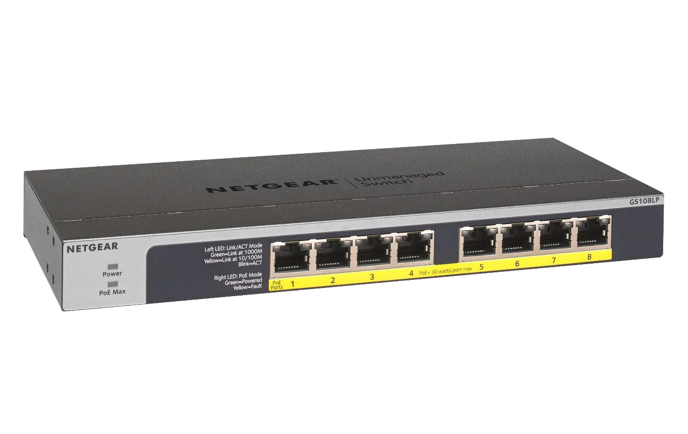 Netgear Gs108lp - Switch - 8 X 10/100/1000 (Poe ) - Desktop, Rack-Mountable, Wall-Mountable - Poe  (60 W) - Dc Power