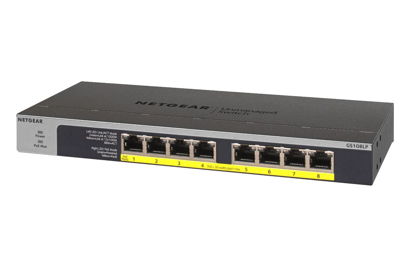 Netgear Gs108lp - Switch - 8 X 10/100/1000 (Poe ) - Desktop, Rack-Mountable, Wall-Mountable - Poe  (60 W) - Dc Power