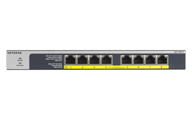 Netgear Gs108lp - Switch - 8 X 10/100/1000 (Poe ) - Desktop, Rack-Mountable, Wall-Mountable - Poe  (60 W) - Dc Power