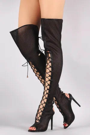 Netted Mesh Corset Lace-Up Stiletto Over-The-Knee Boots