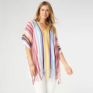 Neva V-Neck Poncho with Fringe - Pink Multi Stripe