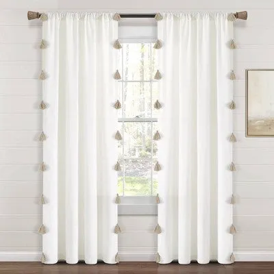 New - 84"x52" Boho Faux Linen Texture Tassel Rod Pocket Window Curtain Panel Neutral - Lush Décor