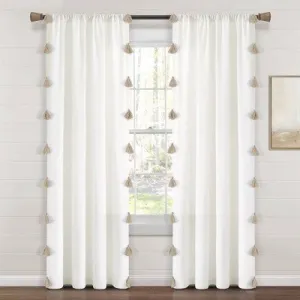 New - 84"x52" Boho Faux Linen Texture Tassel Rod Pocket Window Curtain Panel Neutral - Lush Décor