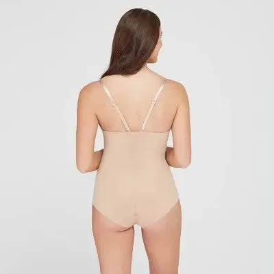 New - ASSETS BY SPANX Women's Flawless Finish Shaping Micro Low Back Cupped Bodysuit Shapewear - Neutral 1X