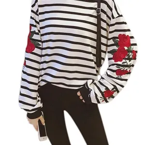 New Autumn Harajuku Hoodies Roses Embroidered Lantern Sleeve Loose Striped Women Sweatshirt Vintage Elegant Casual Tops (US 14-16)