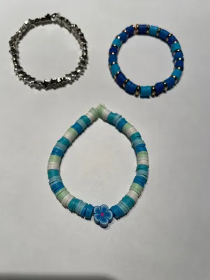 New Beaded Stretchy Clay Bead Set/3 Bracelets Handmade Kids Teens Blues and Gold Silver