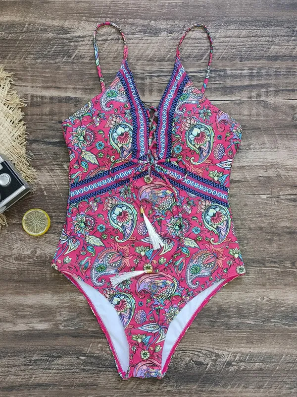 New deep V strappy one-piece swimsuit cashew flower print triangle one-piece swimsuit