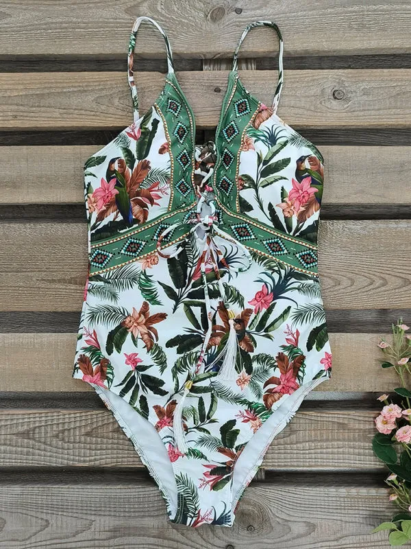 New deep V strappy one-piece swimsuit cashew flower print triangle one-piece swimsuit