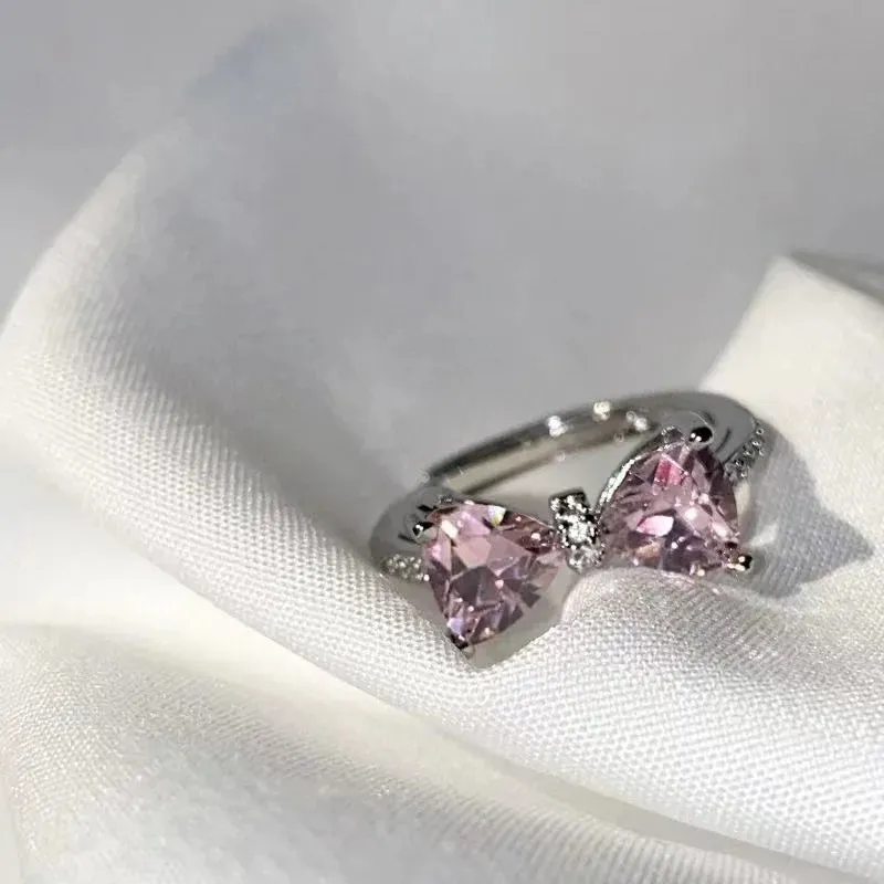 New Fashion Trend Unique Design Elegant Delicate Pink Zircon Bow Knot Ring Women Jewelry Wedding Party Premium Gift Wholesale