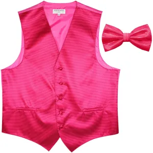 New formal men's tuxedo vest waistcoat & bowtie horizontal stripes prom hot pink