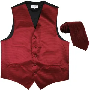 New formal men's tuxedo vest waistcoat & necktie horizontal stripes prom burgundy