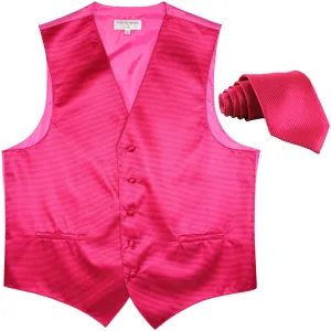 New formal men's tuxedo vest waistcoat & necktie horizontal stripes prom hot pink