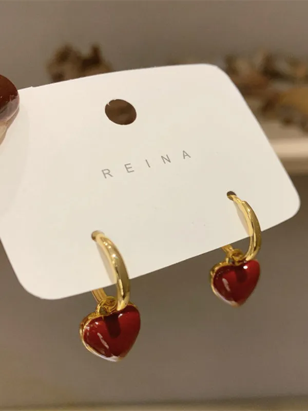 New French drip glaze red love retro earrings