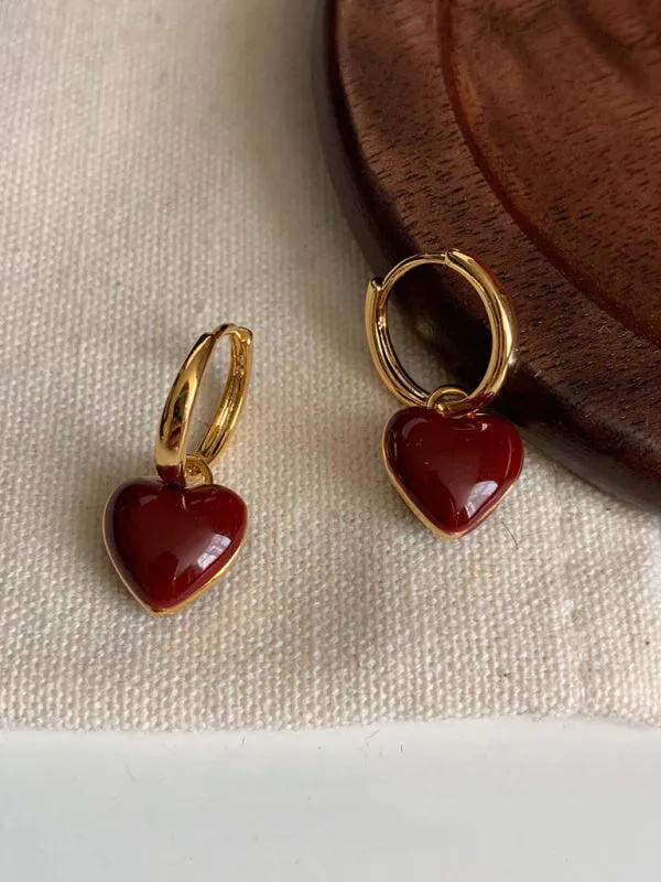 New French drip glaze red love retro earrings