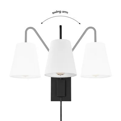 New - Globe Electric 1-Light Matte Black Swing Arm Plug-In or Hardwire Wall Sconce with White Fabric Shade