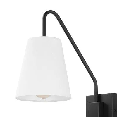 New - Globe Electric 1-Light Matte Black Swing Arm Plug-In or Hardwire Wall Sconce with White Fabric Shade