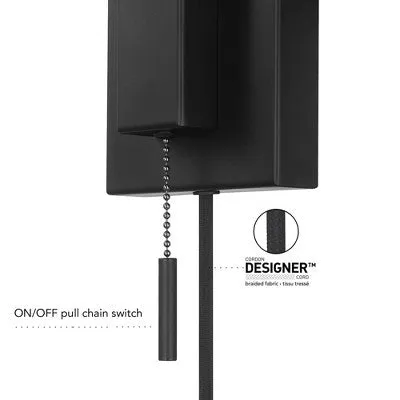 New - Globe Electric 1-Light Matte Black Swing Arm Plug-In or Hardwire Wall Sconce with White Fabric Shade