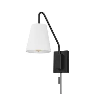 New - Globe Electric 1-Light Matte Black Swing Arm Plug-In or Hardwire Wall Sconce with White Fabric Shade