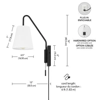 New - Globe Electric 1-Light Matte Black Swing Arm Plug-In or Hardwire Wall Sconce with White Fabric Shade