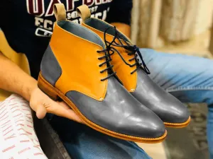 New Handmade Half Ankle Gray & Tan Leather Lace Up Boot For Men's