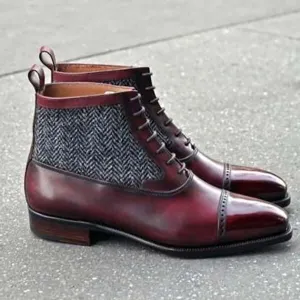 New Handmade Maroon & Gray Half Ankle Cap Toe Leather Lace Up Boot For Men's