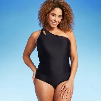 New - Lands' End Women's One Piece Swimwear Tummy Control One Shoulder Swimsuit UPF 50