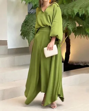 New Loose Large Size Solid Color Long Sleeve Top High Waist Long Skirt Suit