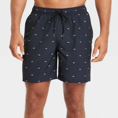 New - Men's 7" Boat Print Swim Shorts with Boxer Brief Liner - Goodfellow & Co Black M