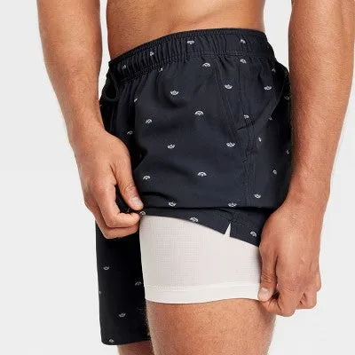 New - Men's 7" Boat Print Swim Shorts with Boxer Brief Liner - Goodfellow & Co Black M