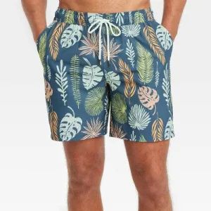 New - Men's 7" Leaf Print Swim Shorts with Boxer Brief Liner - Goodfellow & Co Navy Blue XS