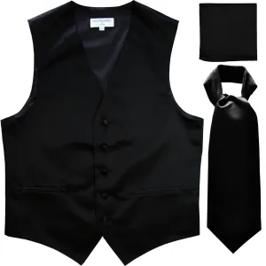 New Men's formal vest Tuxedo Waistcoat ascot hankie set wedding prom black