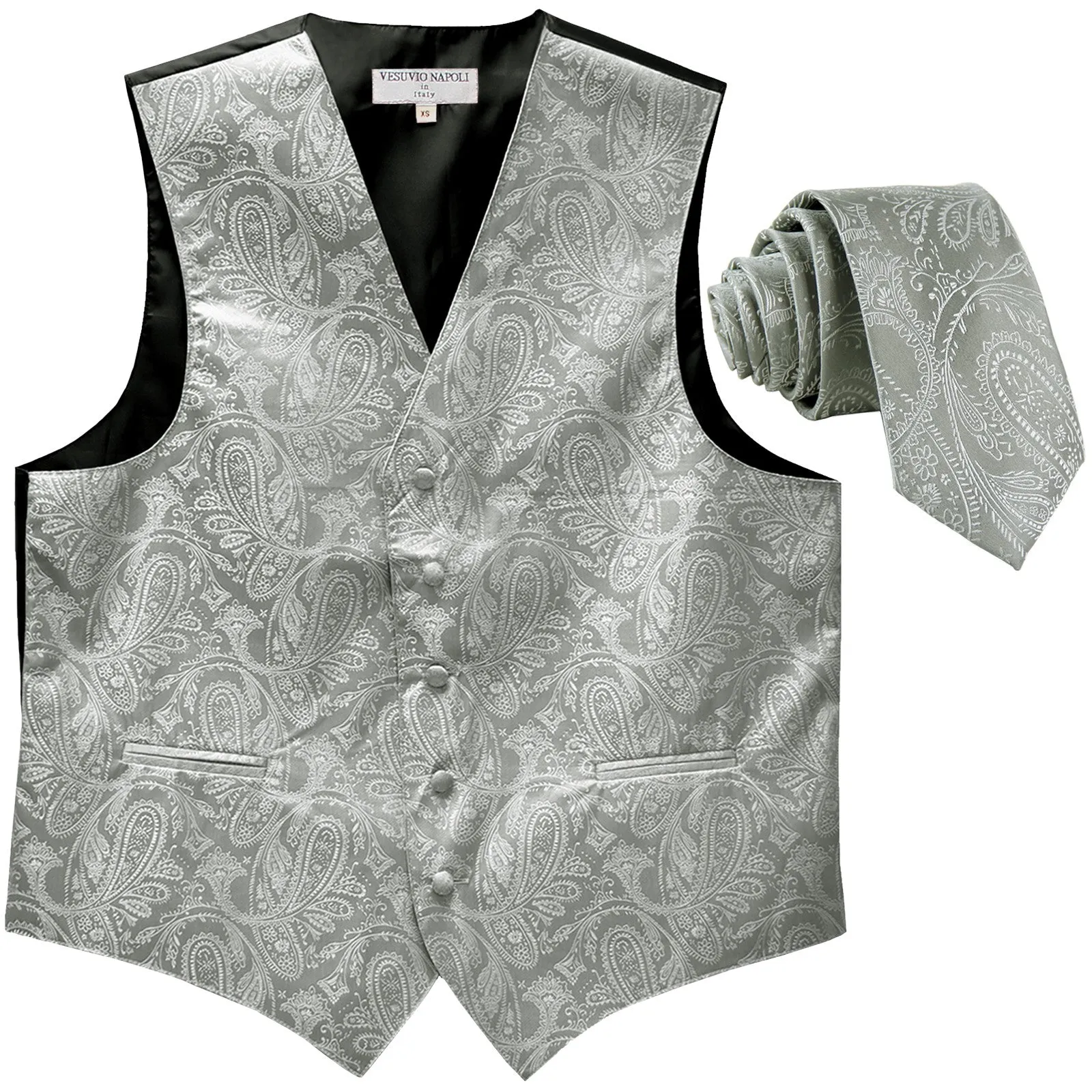 New Men's Formal Vest Tuxedo Waistcoat_2.5" skinny necktie paisley pattern silver