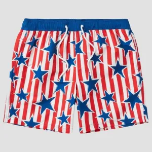 New - Men's Star Print Striped Americana Swim Shorts - Blue/Red L