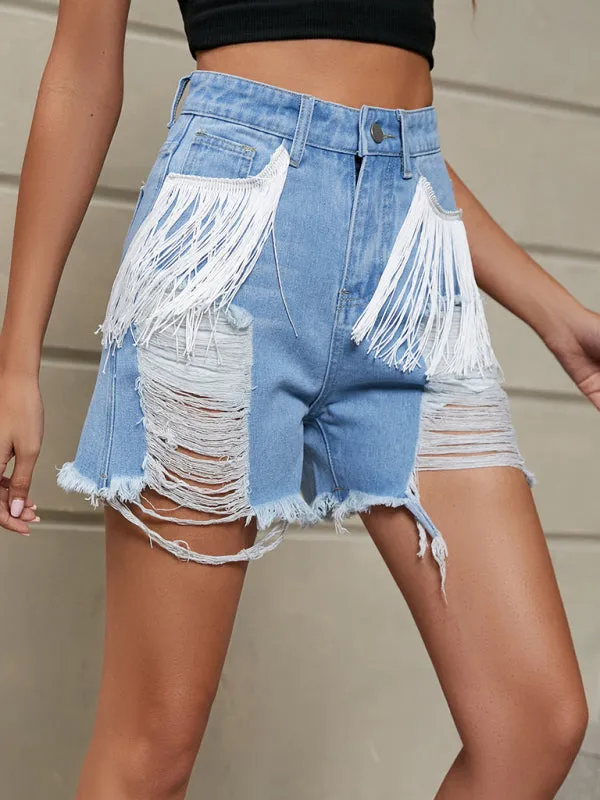 New personality tassel washed denim shorts