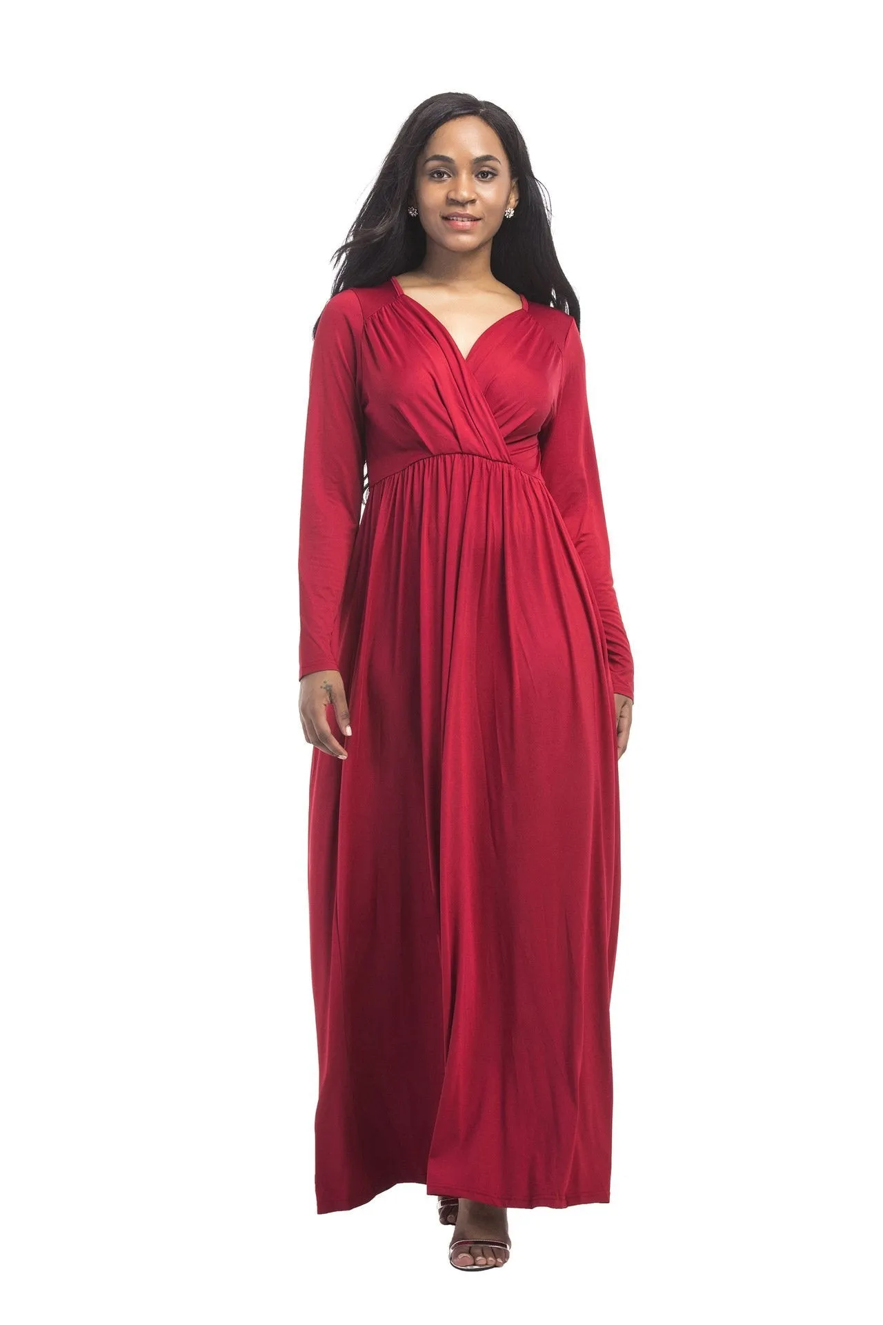 New plus size evening dress sexy big size deep V solid color long-sleeved dress